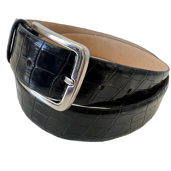 Vintage Black Leather Croc Embossed Silver Buckle Waist Belt Mens Large - Picture 1 of 9
